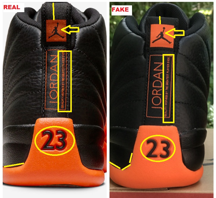 Real Vs Fake Air Jordan 12 Brilliant Orange back 1