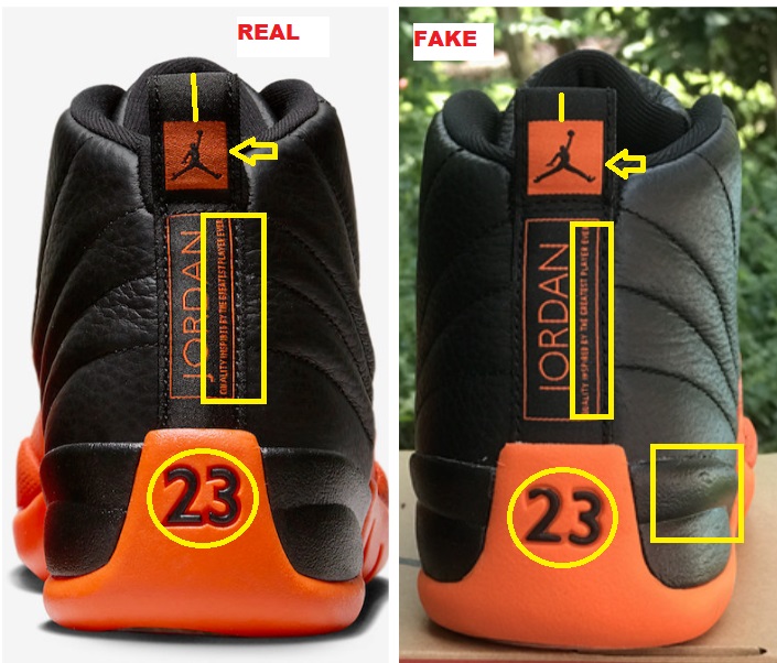 Real Vs Fake Air Jordan 12 Brilliant Orange back 2