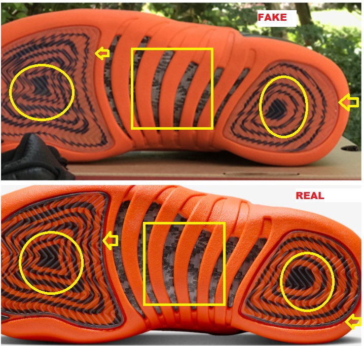 Real Vs Fake Air Jordan 12 Brilliant Orange outsole 1