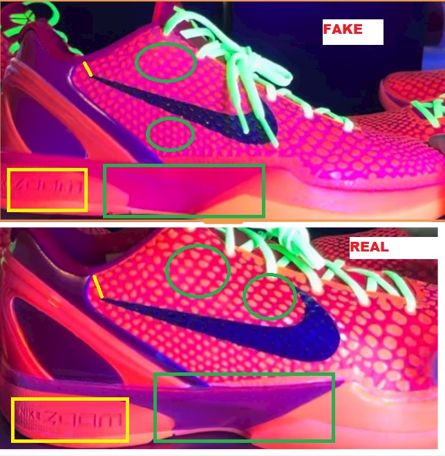 Real Vs Fake Nike Kobe 6 Reverse Grinch BLACK LIGHT 1
