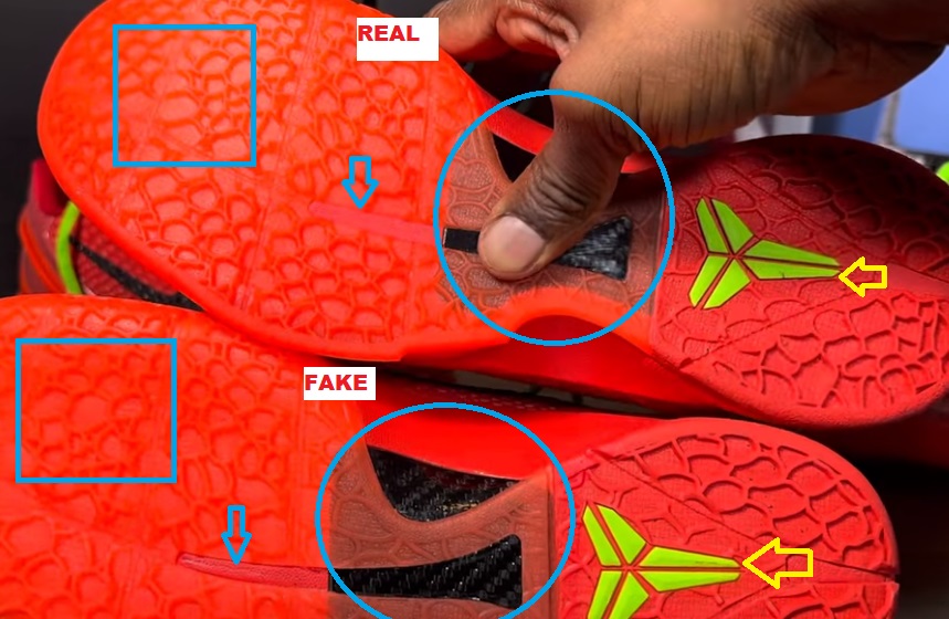 Real Vs Fake Nike Kobe 6 Reverse Grinch OUTSOLE
