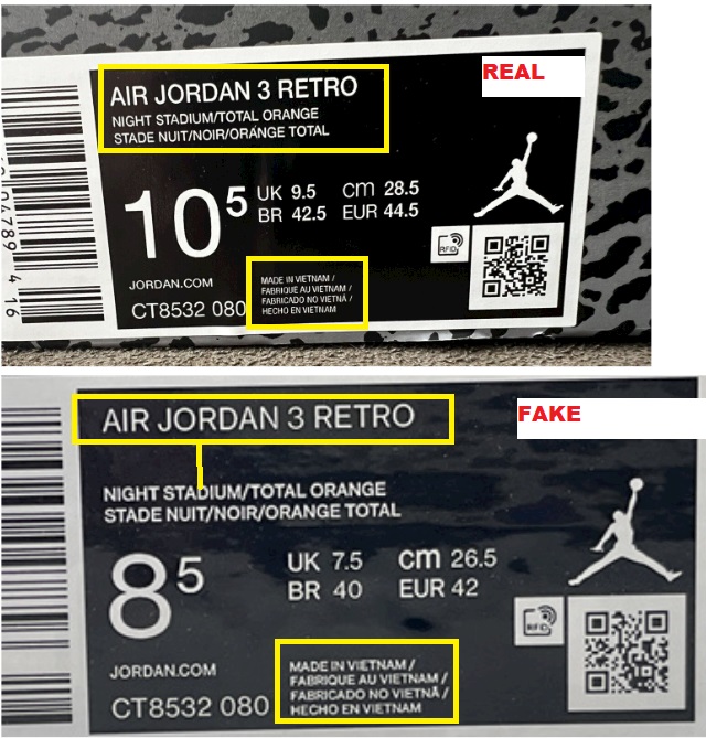 Real vs Fake Air Jordan 3 Fear Pack BOX 1